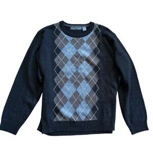 Oscar de la Renta Knit Sweater Crew Neck Black Gray Argyle Diamond Print XL